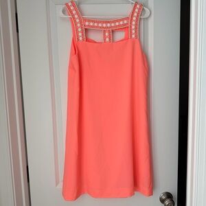Lilly Pulitzer Coral “Peachy Pink” Mason Shift Dress Beaded Neckline 8